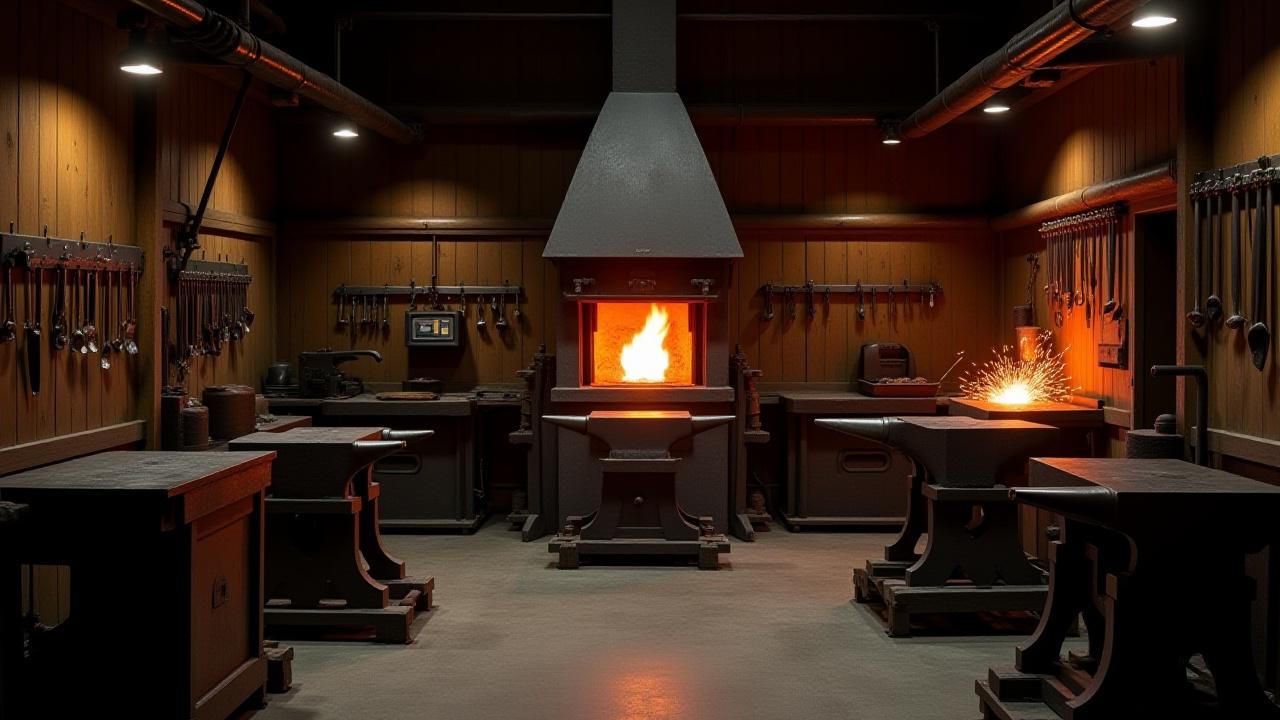 Amano Craft工房の伝統的な鍛冶エリア。炉と複数の鉄床が清潔に整頓されている。