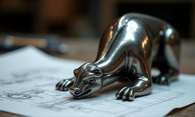 高度な金属芸術ワークショップのイメージ。研磨された美しい金属の彫刻と設計図。